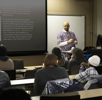 Aremu Smith, a UIC PhD student, teaches Introduction to Black Studies to high school students. (Photos: Jenny Fontaine/University of Illinois Chicago)
                  
